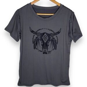 Gray Short Sleeve Tee with Tribal Skull Design - Size Small